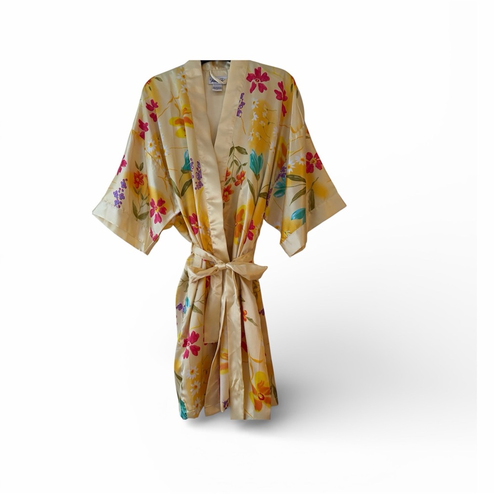 Vanity Fair Yellow Floral Satin Yellow Kimono Robe & Nightgown Set Size M